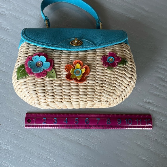 Floral Woven Straw Top Handle Summer Handbag Blue Cream - Picture 4 of 7